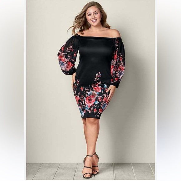 Venus black floral balloon sleeve Bodycon dress - Picture 1 of 7